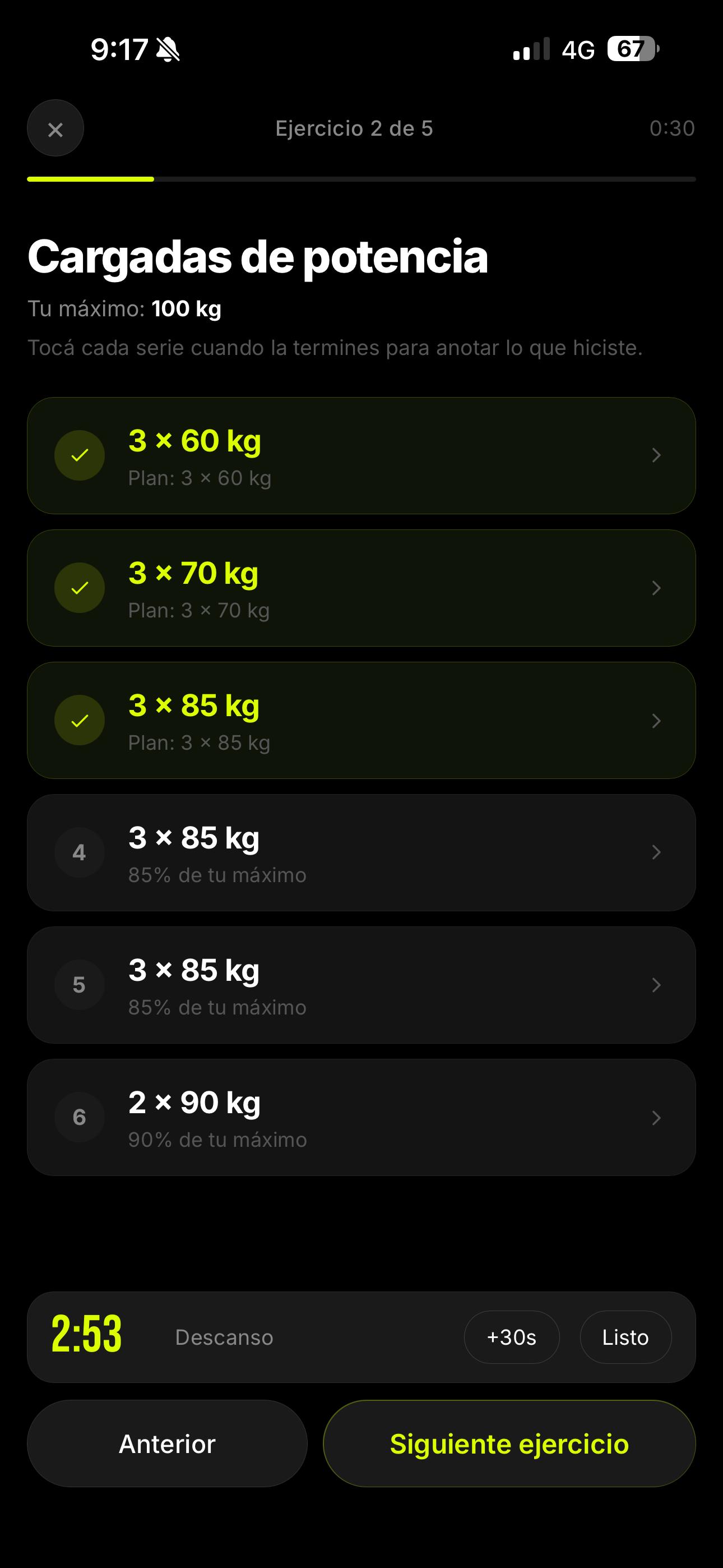 La sesión de gimnasio, serie por serie, con los kilos calculados