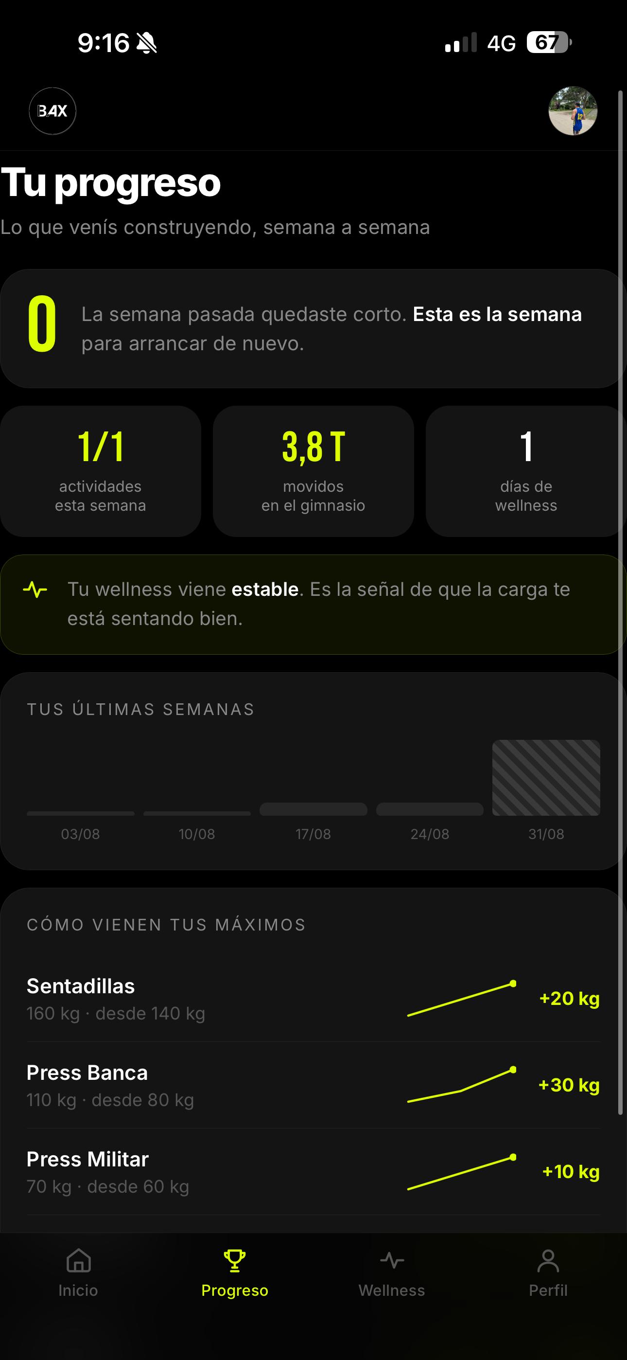 Progreso: volumen movido y evolución de los máximos